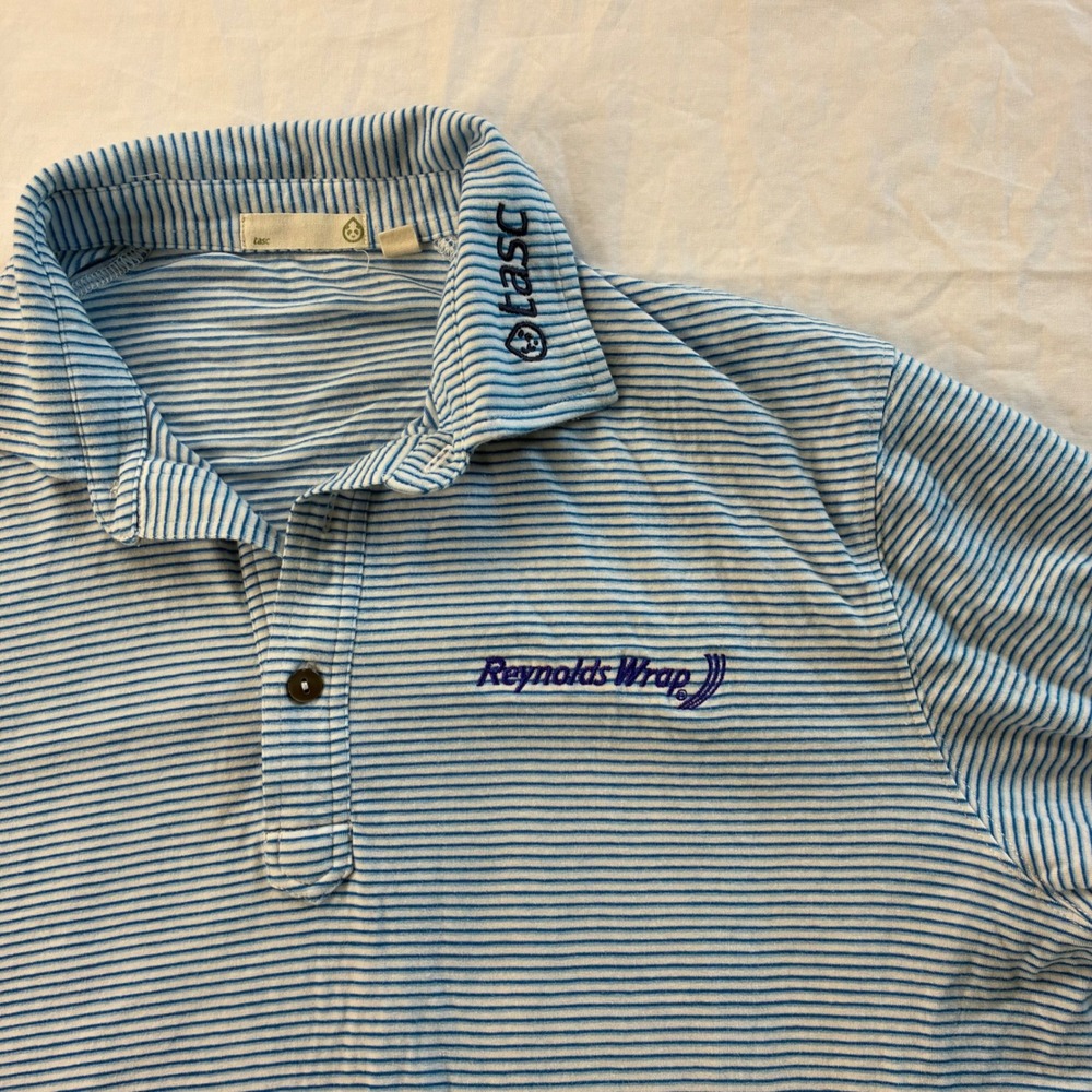 Tasc Performance Mens Polo Shirt Blue White Stripe Reynolds Wrap Logo Size M - Picture 5 of 9